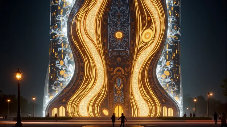 "A medium shot of a holographic skyscraper’s facade, glowing with golden and white neon patterns, intricate luxury designs, ultr...