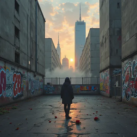 Ein trister Hinterhof mit Graffiti an den Wänden
	•	skyscrapers in Betonoptik bei Dämmerung
	•	Ein kaputtes Basketballfeld 
	•	E...