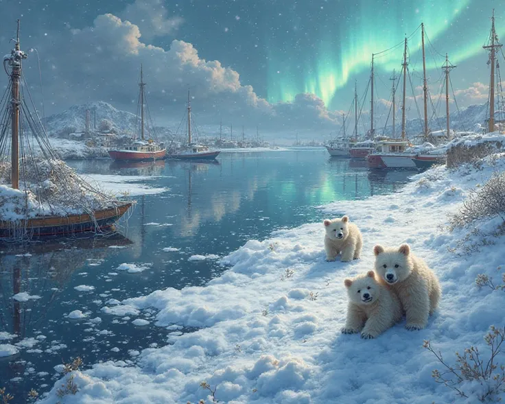 `Bird’s-eye view of snowy harbor, bear cubs playing on frozen nets, aurora reflections in ice puddles, Ukiyo-e-inspired cloud te...