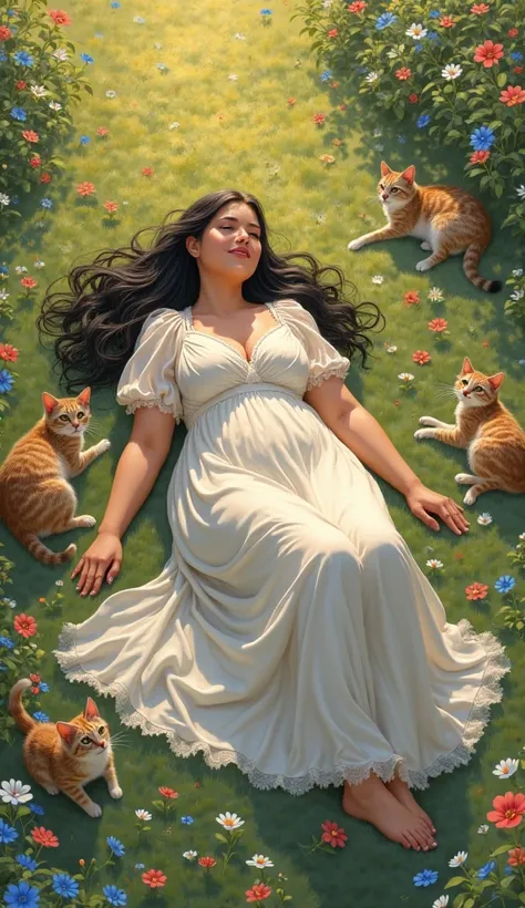 A slightly overweight 40-year-old woman ,  white skin with rosy cheeks, long black hair, wearing a long white dress lying on a l...