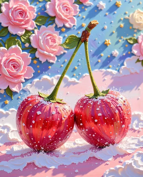 Hello Kitty（凯蒂猫）sparkly sparkly PINK frozen cherries, sparkle twinkle, sparkle twinkle, on sparkly holographic crystals, gems, 3...