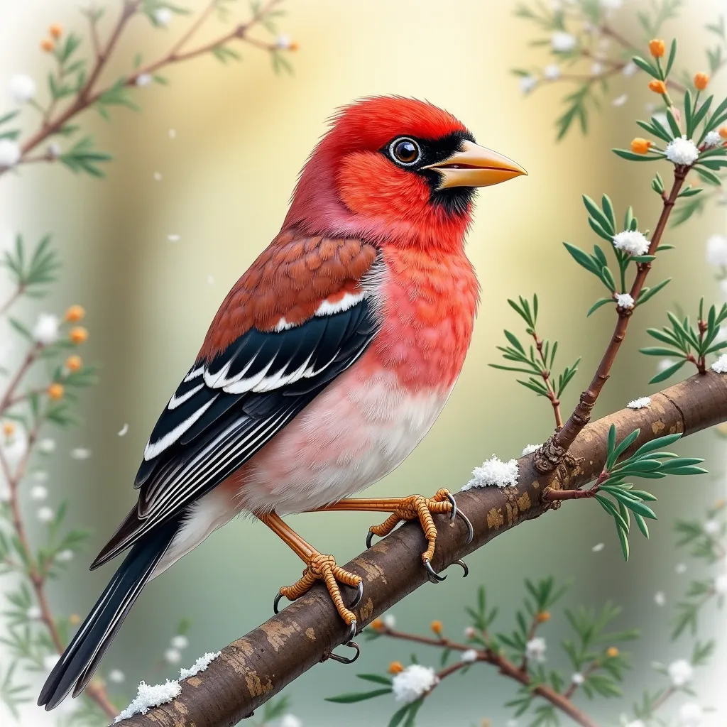 (masterpiece:1.4), (ultra-detailed ornithological illustration:1.3),
[Adult Common Rosefinch:
• Head:: (crimson crown:1.5) blend...