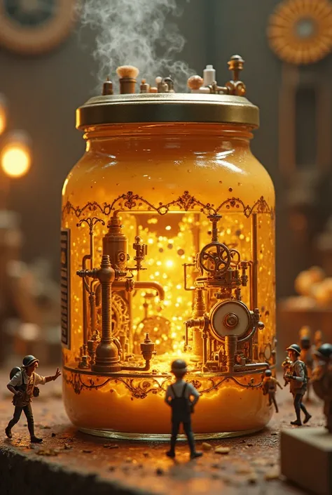 Fantasy style scene of a cheese spread jar with tiny human workers inside, running a miniature cheese factory. Steampunk element...