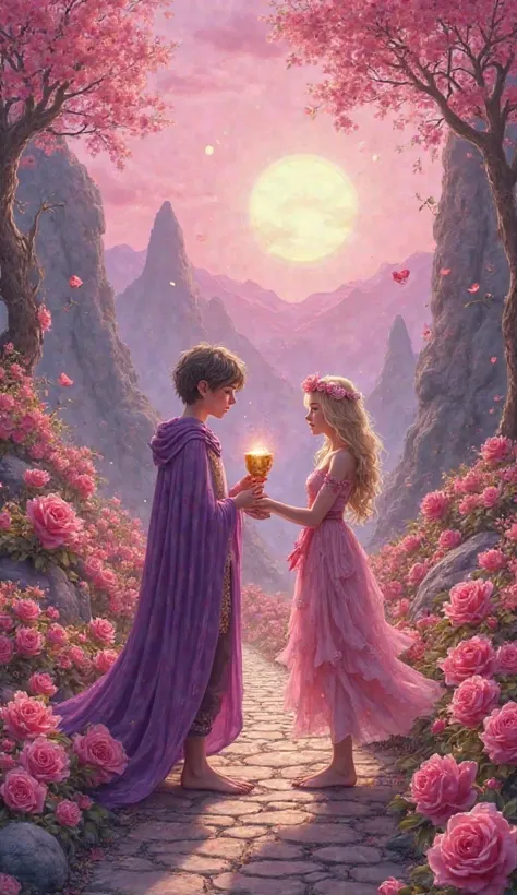 The map is made in fantasy style 

The centerpiece is a magical pink rose garden.

 On a narrow path there is a boy of  with sho...