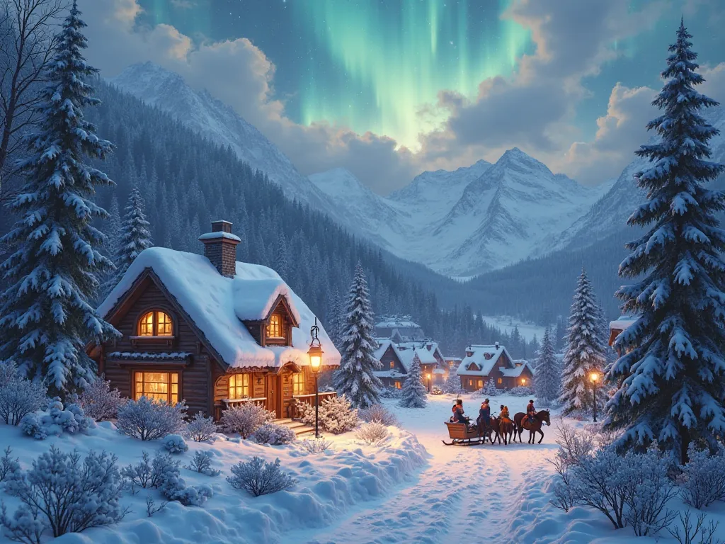 `Snow-covered alpine village with glowing cottage windows, horse-drawn sleighs, hidden fairies in pine trees, aurora borealis ov...