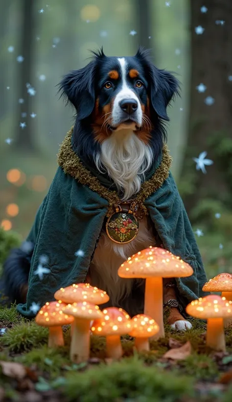 A druidic Bernese Mountain Dog communing with forest spirits in a circle of glowing mushrooms, soft blue fireflies dancing aroun...