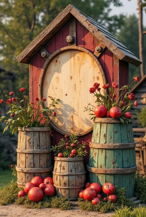 Create a farm-themed decoration with round panel and three cylinders in red colors,marrom, verde 