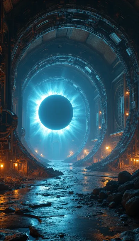 Massive underground particle accelerator tunnel with glowing machinery, science fiction lighting, eclipse imagery overlay
