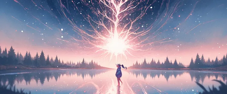 kawaii anime, soft light,dreamy forest, spiritual aura, glow particles, blue to cyan gradation light, under light, 1girl, long h...