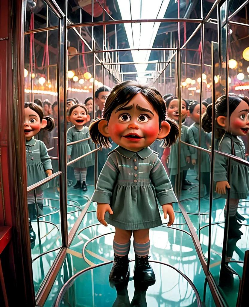 Science fiction and horror film :  Room with a labyrinth of mirrors ,  even on the roof of an amusement park , with the reflecti...