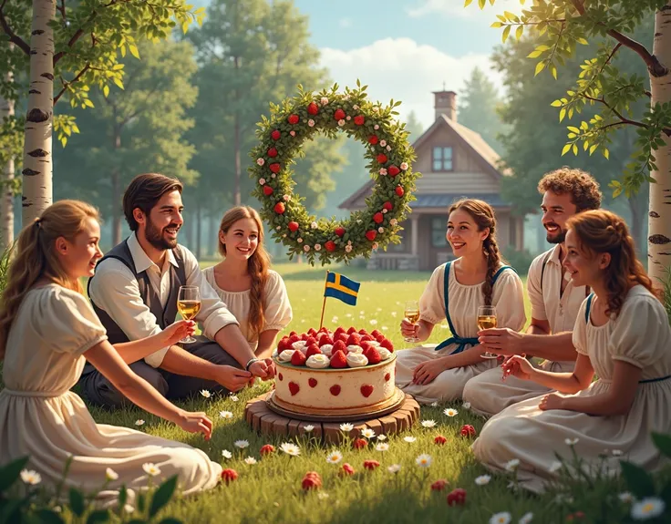 swedish   WITH WREATH  at midsummer feast with strawberry cake with cute swedish flag on cake ,