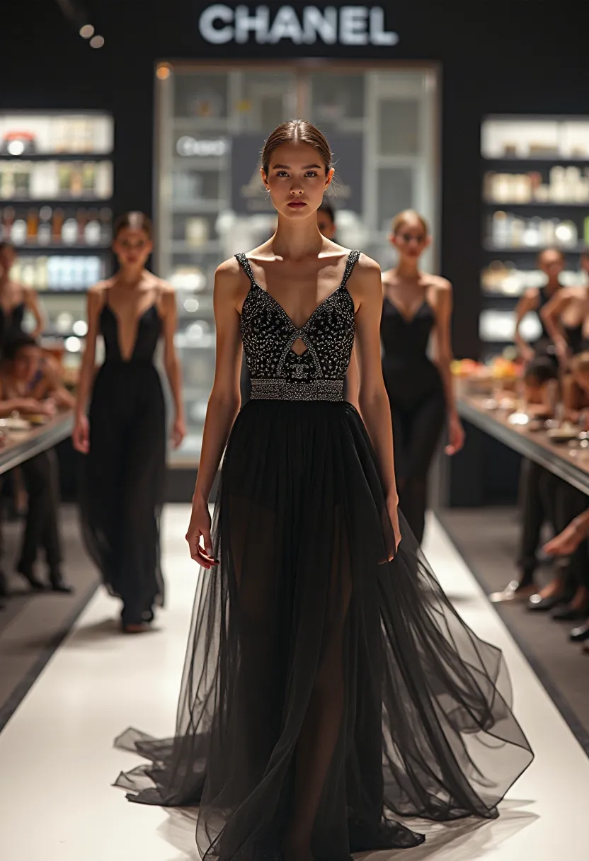 Models walking through a luxury supermarket runway set, showcasing haute couture pieces, elegant grocery-inspired movements, sur...
