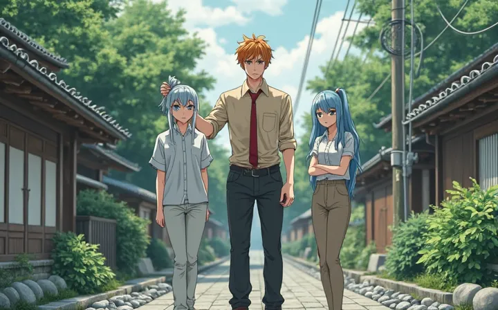  An 18-year-old anime-style couple , standing side by side, looking forward on a path of Little stones in a beautiful neighborho...
