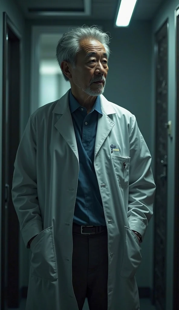 fullbody Image of a doctor, in a dimmed room, middleaged, looking at something outside the image, Dall.e Style, 16k best quality