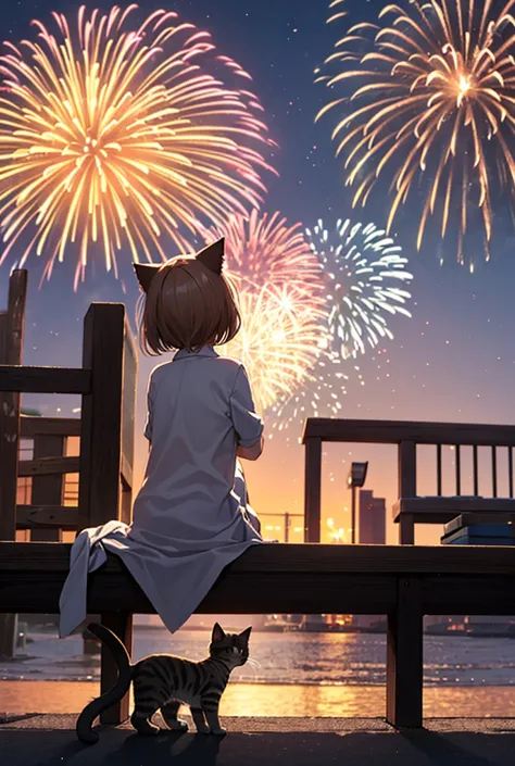 white in the distance、with 1 small kitten sitting。back view。The background is dusk。fireworks over the cat。