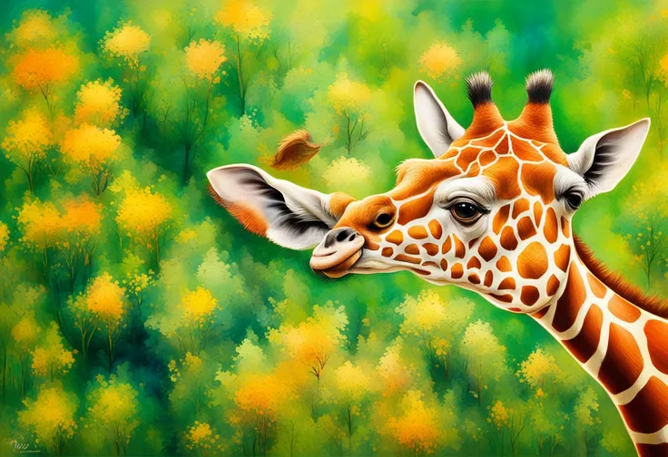 This vivid picture of a giraffe、大胆in抽象的なストロークin色が混ざり合った印象的な仕上がりになっています. The giraffe's expression is calm and calm、directly capti...