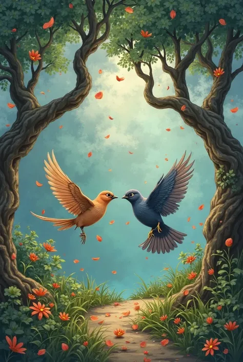 A sudden strong storm hits the garden. Trees bending with the wind, petals flying. Birds Rumi and Laila being blown in opposite ...