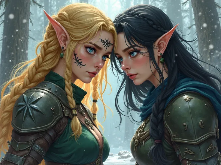 2 elf sisters . elf woman , angry , warm yellow hair , blue eyes , braided hair, black forest elf tattoos on face. full body .li...