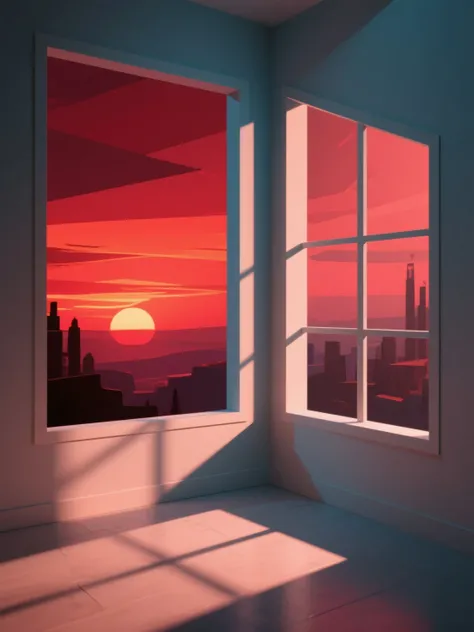 ultra detailed, absolutely resolution, masterpiece, a crimson sunset and a corner of the room, (brilliant light and shadow, seam...