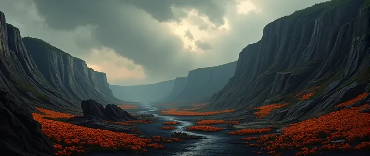 Fields of burnt flowers burned, devastated; burned flowers fallen on the ground. Gray sky., complex clothing textures, warm ligh...
