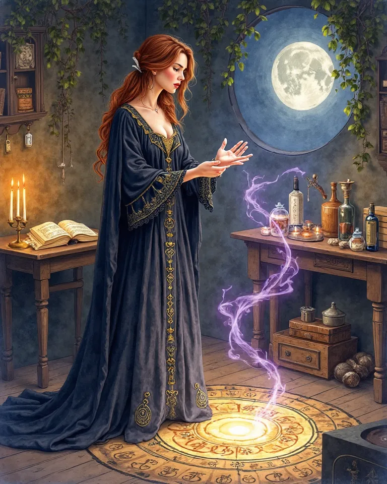 A vintage watercolor illustration of a wise and enchanting witch in her early thirties, with wavy chestnut or auburn hair partia...