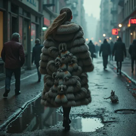 A cinematic and emotionally charged image in cold, moody lighting. A wealthy woman in a luxurious fur coat walks confidently on ...