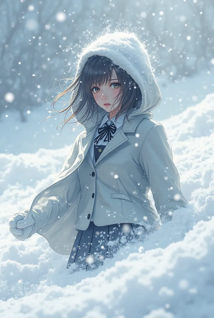 While the blizzard is raging、a picture of a girl in a blazer uniform frozen white and buried in snow　Snow is piled up on the gir...