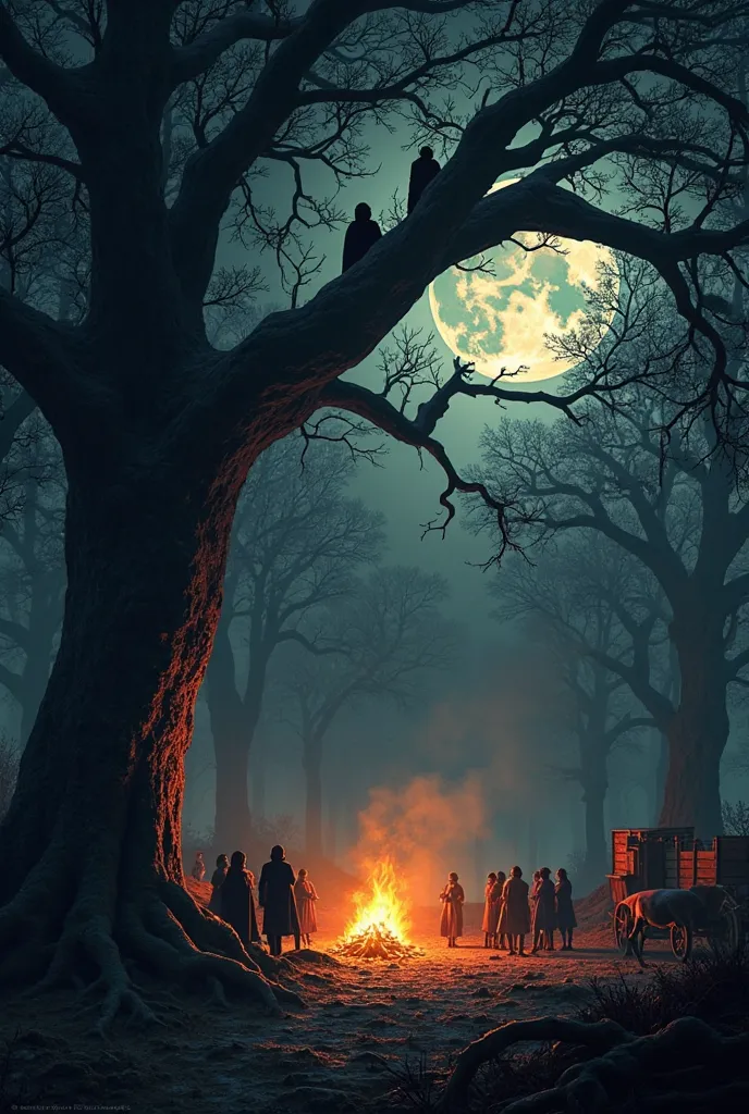 Build an image according to the following text: "Ao fundo, among the branches of a tall tree, are two vampires watching the scen...