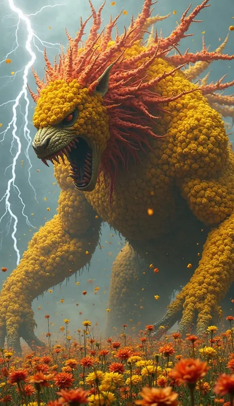 A giant monster made entirely of yellow and red flowers would have long, stretched out red and yellow petals around its neck, it...