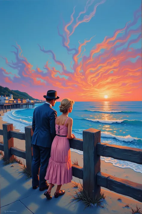    Impressionist Style  ,  Van Gogh style ,   Coney Island  ,   leaning against a wooden sidewalk railing by the sea,   sunset o...