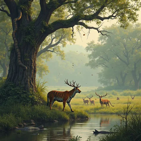  The tiger deer hunting in the Sundarbans field, the deer are running away, the large snake on the tree is raised on the tree,Th...