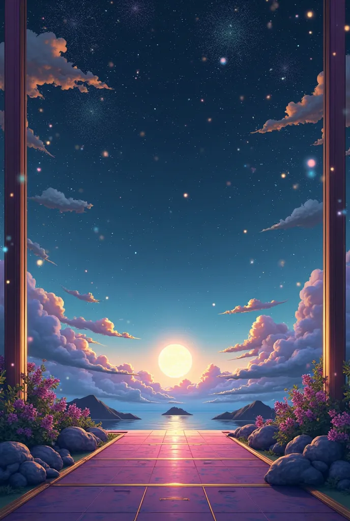 creates a central perspective background for a promo without characters inspired by Genshin Impact with the color black , rosa,b...
