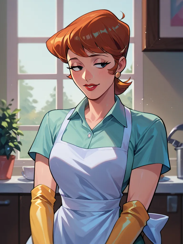 BREAK, 1 girl, Alone,  breasts,  dextersmom, make up, jewelry, Gloves, shirt, apron, upper body, portrait, mature woman, backgro...