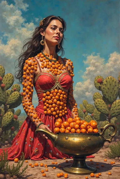 A woman who asked to 'be all tuned' and the genie in the lamp took it literally. The woman is covered in tunas (The fruit of the...