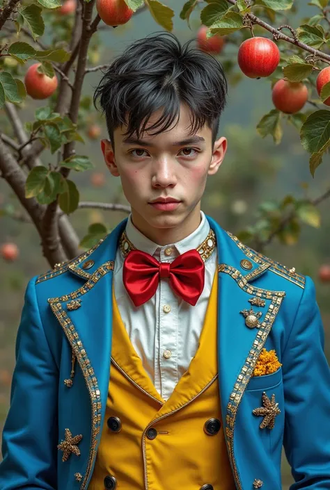 HD. REALISTIC. FULL BODY PICTURE. MAXIMALIST BLUE-YELLOW GANGSTER OUTFIT. RED BOWTIE. HANDSOME YOUNGTEEN ALBINOSKIN RUSSIANTEEN ...