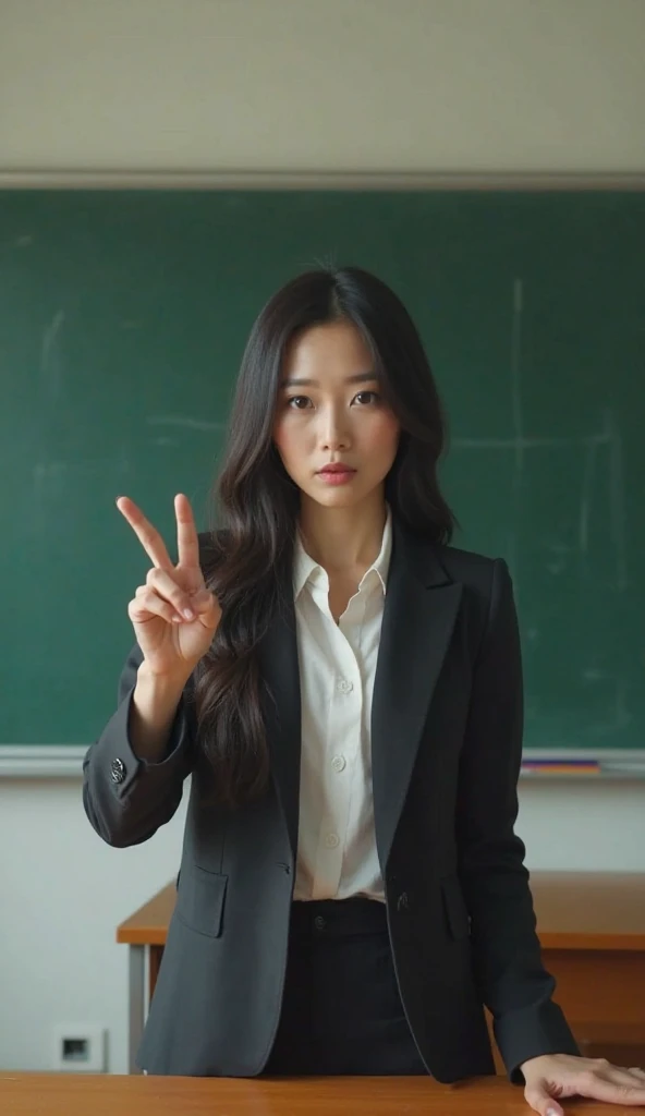 “A beautiful and charismatic Japanese female teacher in her late 20s to early 30s, with long, silky black hair and an elegant ye...