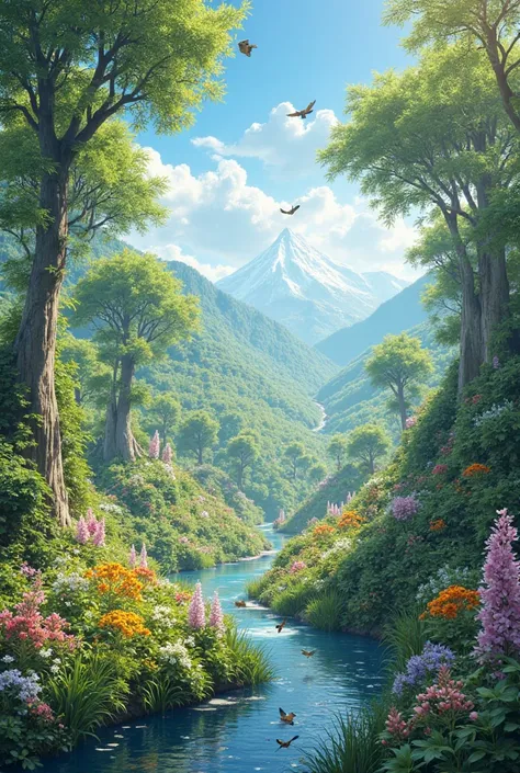 make me an image of a realistic nature reserve, with lots of vegetation and sunny weather