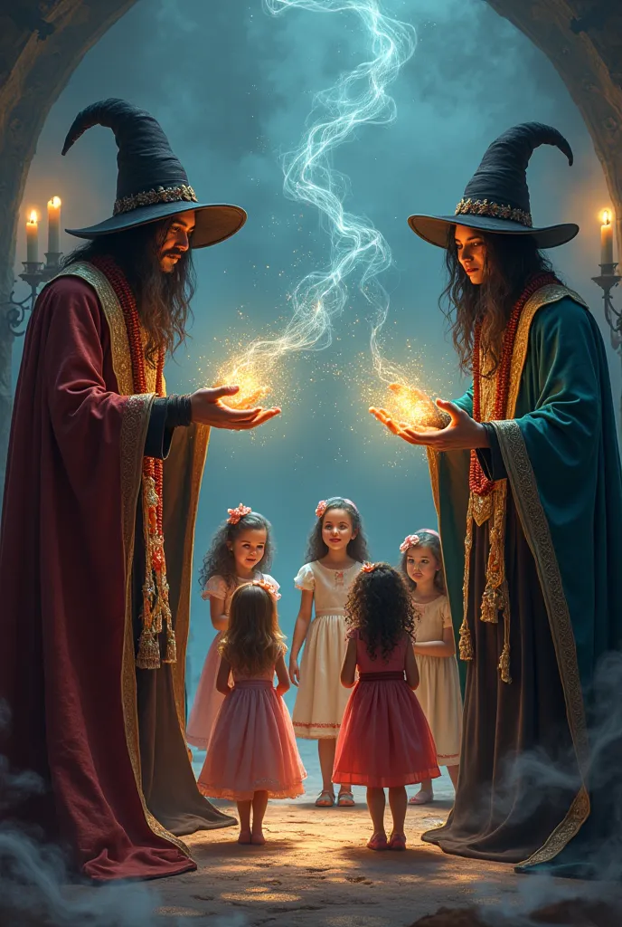 two magicians and four girls