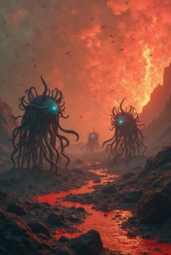 Strange alien creatures on the volcanic and sulphuric surface of Io, the hostile moon of Jupiter 