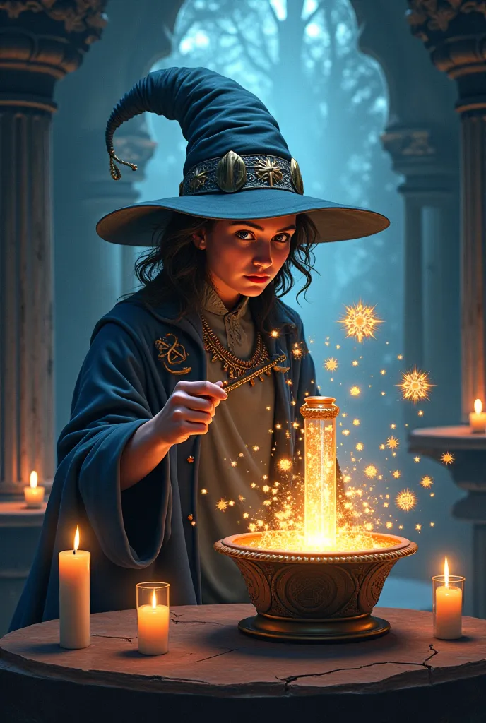 Pretend that you are the best graphic designer in the world, Create a drawing with a magic hat and a magic wand pointing at a te...