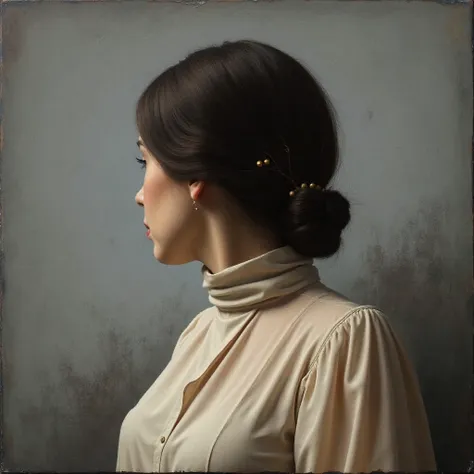 The painting depicts the back of a woman's head and shoulders, her hair styled elegantly with a floral embellishment, clad in a ...