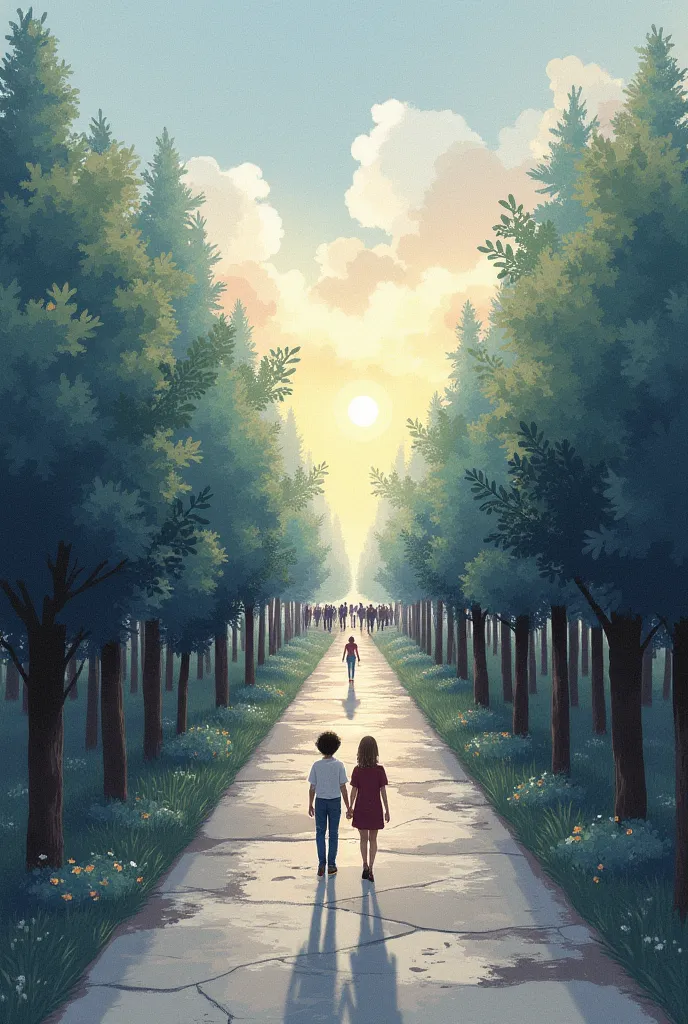 drawing of: a path divided into two.

On one side (the right, For example), many people with dull or controlled eyes walk in lin...