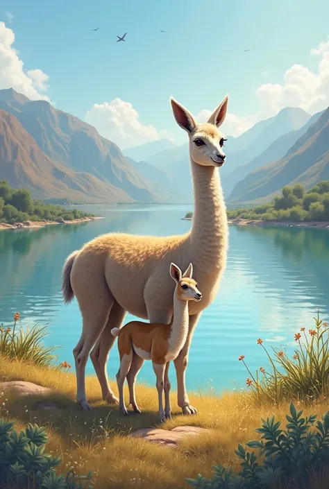 Vicuña with a baby in front of a lagoon