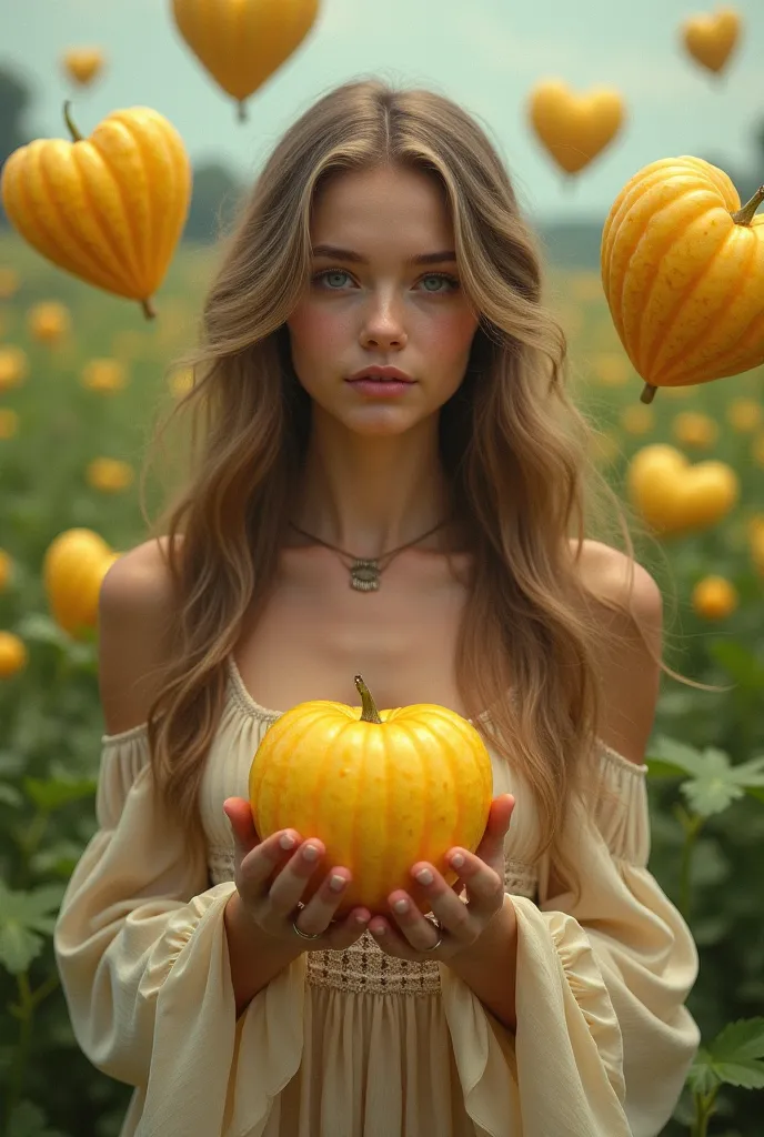 Beautiful girl with long wavy hair, bohemian dress, holding a melon with bulb and drink.  with the letters " Heart of Melon" and...