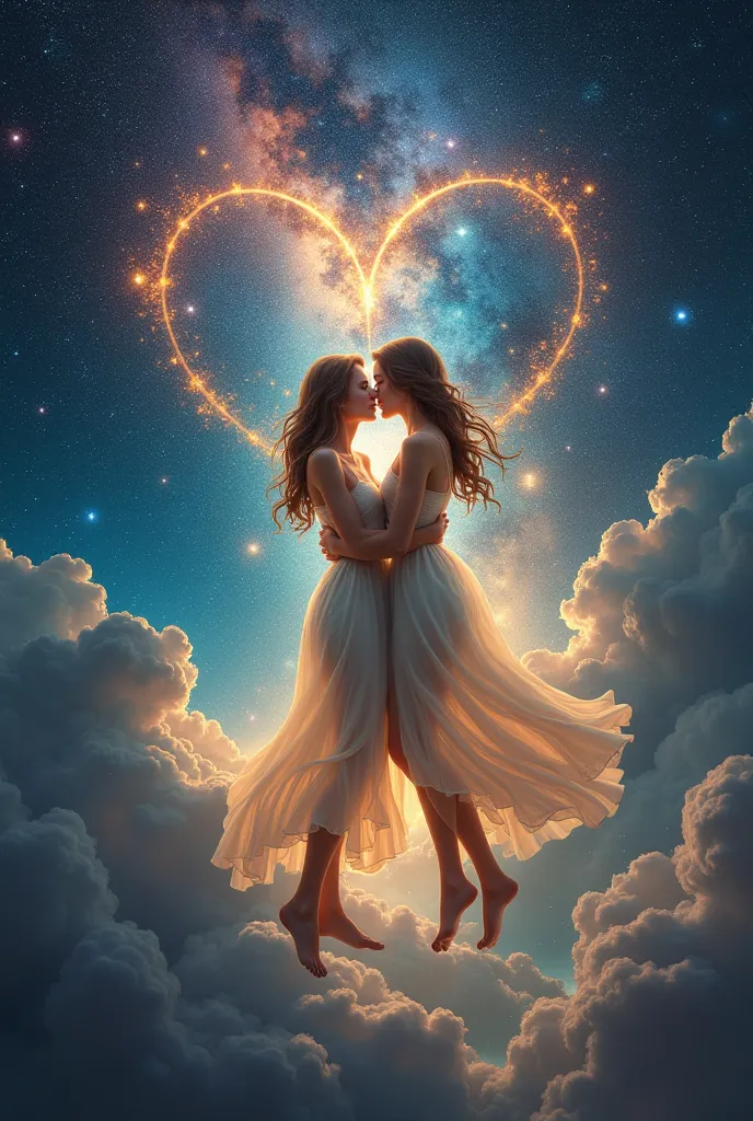 Design a celestial couple floating in a galaxy heart, stars forming "amor, quero abraçar você" in the sky above them.