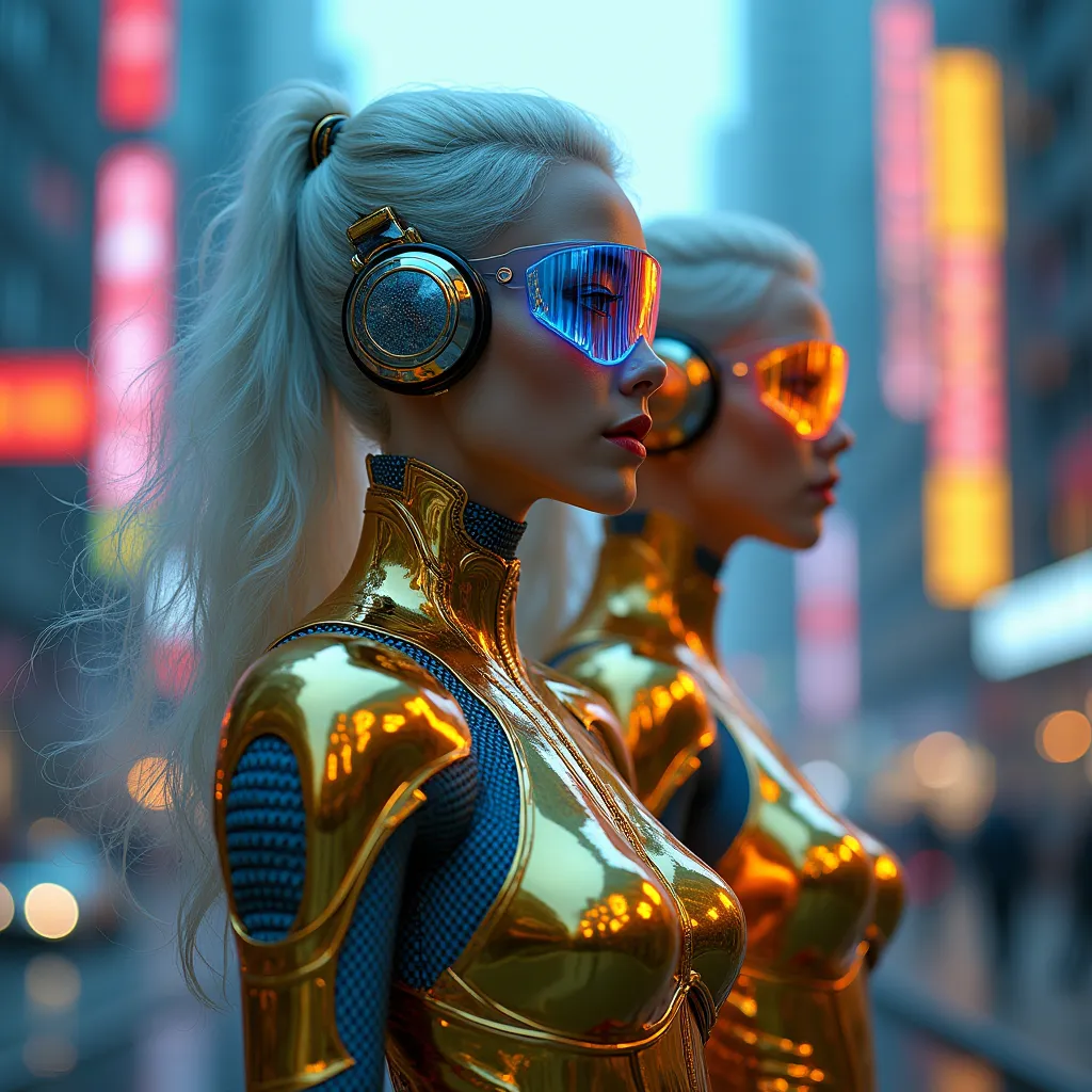 Surrealism, . Cyberwarriors with a gender-neutral character stand gracefully in the city, a neon-lit future, twilight, represent...