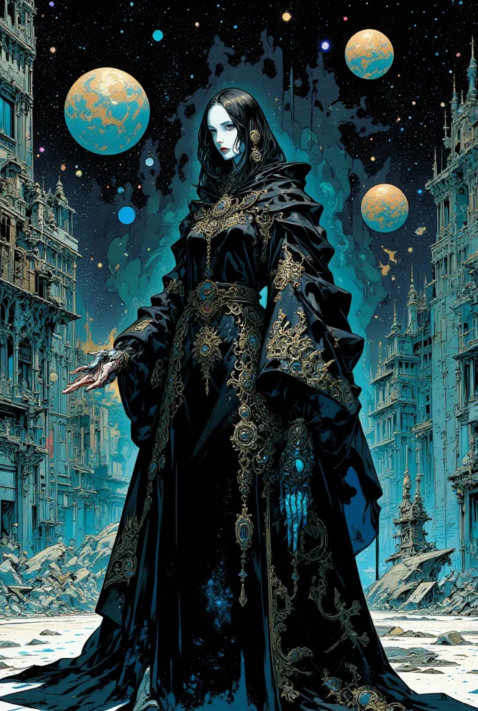 it's a female magician in a black robe,the city where rubble floats through the air,there is no gravity,The solar system in the ...