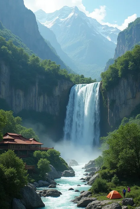 Mountain waterfall ganga big resort camping bank of river 