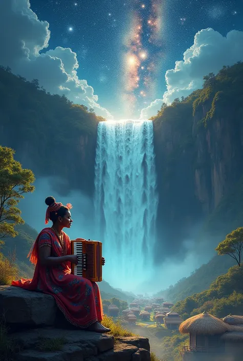 May you please create an accordion playing in space while theres maletsunyane waterfall behind it. At the bottom of the waterfal...