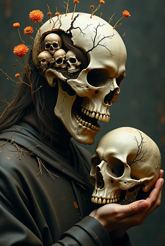  Understood . Imagine Demeter with her fractured face, but this time, the cracks reveal small embedded skulls, as if they were p...